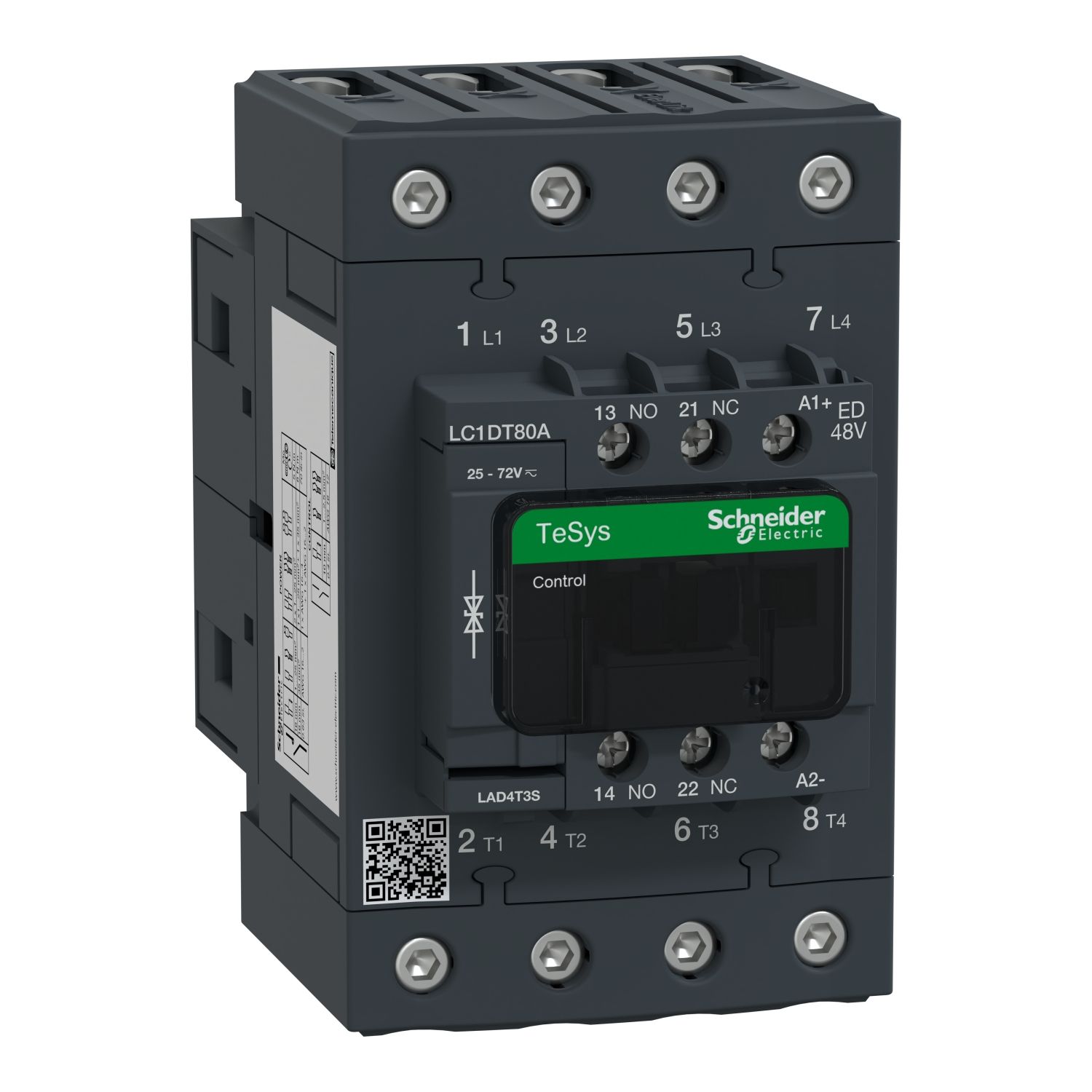 Picture of Contactor, TeSys D, TeSys Deca, 4P(4 NO), AC-1, 0 to 440V, 80A, 48V DC standard coil