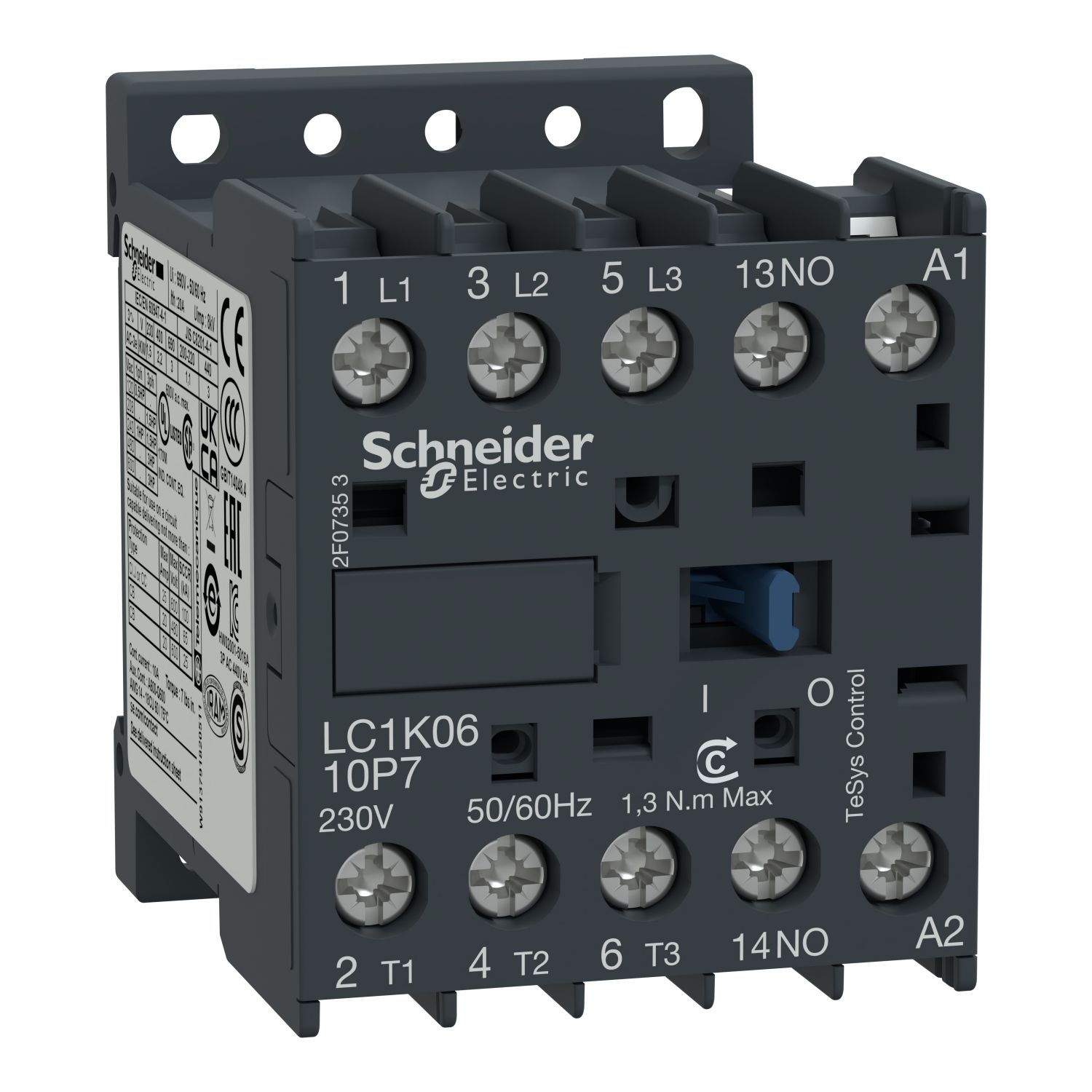 Picture of Contactor, TeSys K, 3P, AC-3/AC-3e,440V 12A, aux. 1NO, 110V AC coil, screw clamp terminals