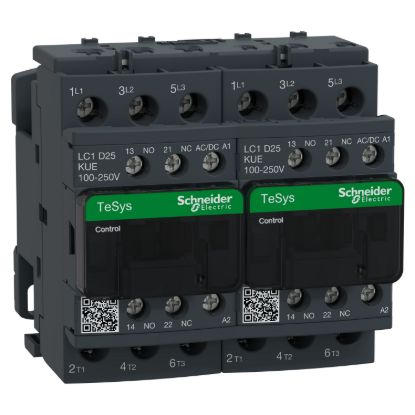 Picture of Reversing Contactor, TeSys D, TeSys Deca, 3P(3 NO), AC-3, 0 to 440V, 25A, 100 to 250VAC/DC coil