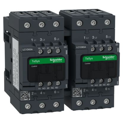 Picture of TeSys Deca reversing Contactor, TeSys D, 3P(3NO),<=440V,65A AC-3,24V DC coil