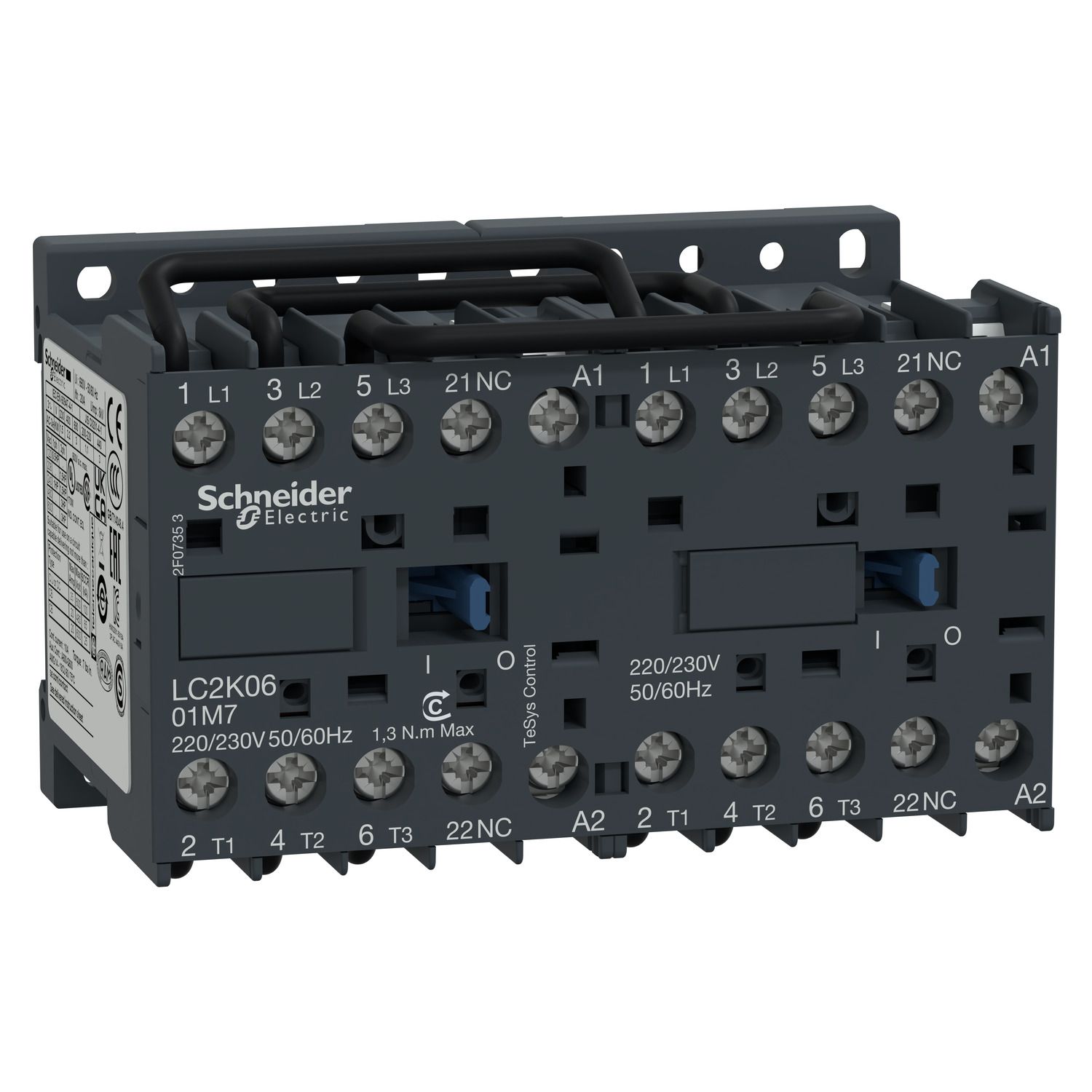 Picture of reversing Contactor, TeSys K, 3P, AC-3/AC-3e,440V 6A, 1NC, 220...230VAC coil, screw clamp terminals