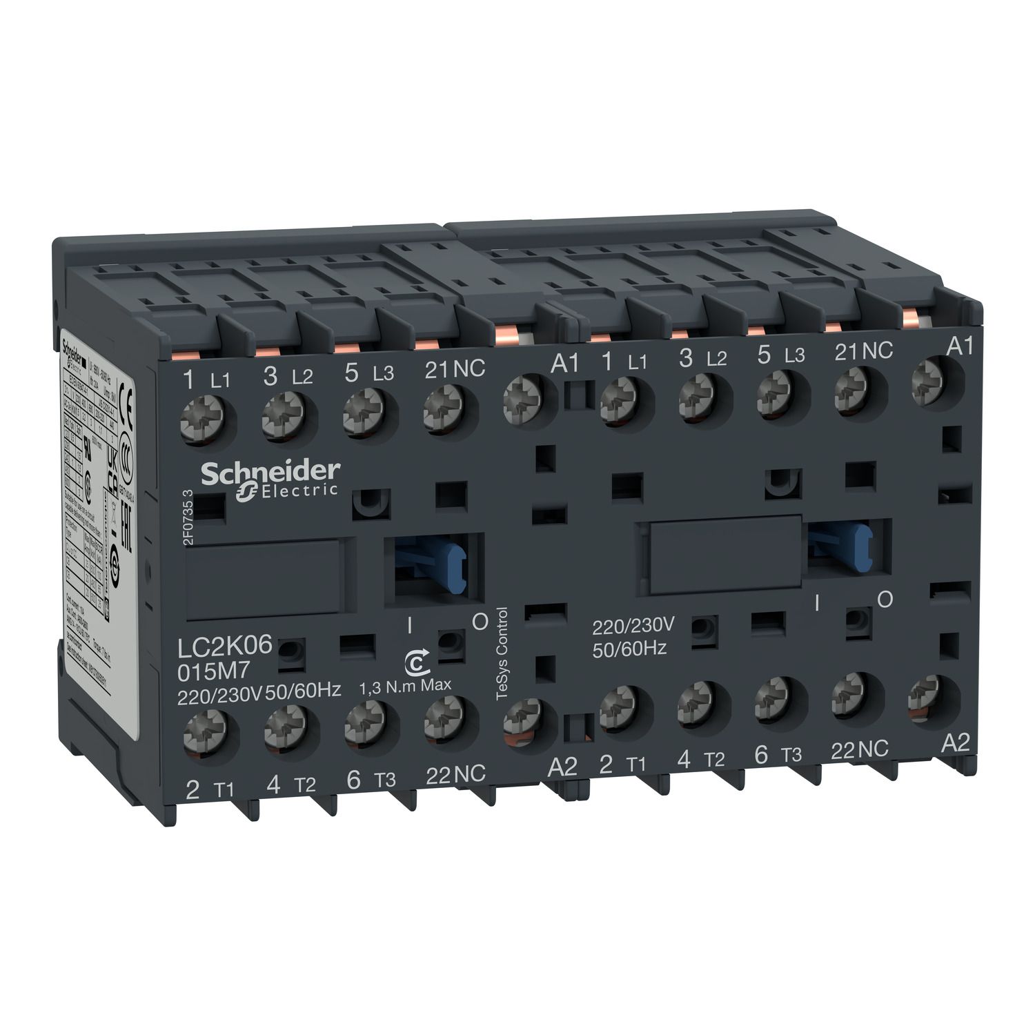 Picture of reversing Contactor, TeSys K, 3P, AC-3/AC-3e,440V 9A, 1NC, 48V AC coil, solder pins for printed circuit boards