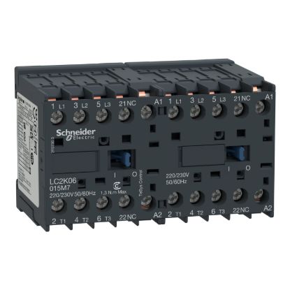 Picture of reversing Contactor, TeSys K, 3P, AC-3/AC-3e,440V 9A, 1NC, 48V AC coil, solder pins for printed circuit boards