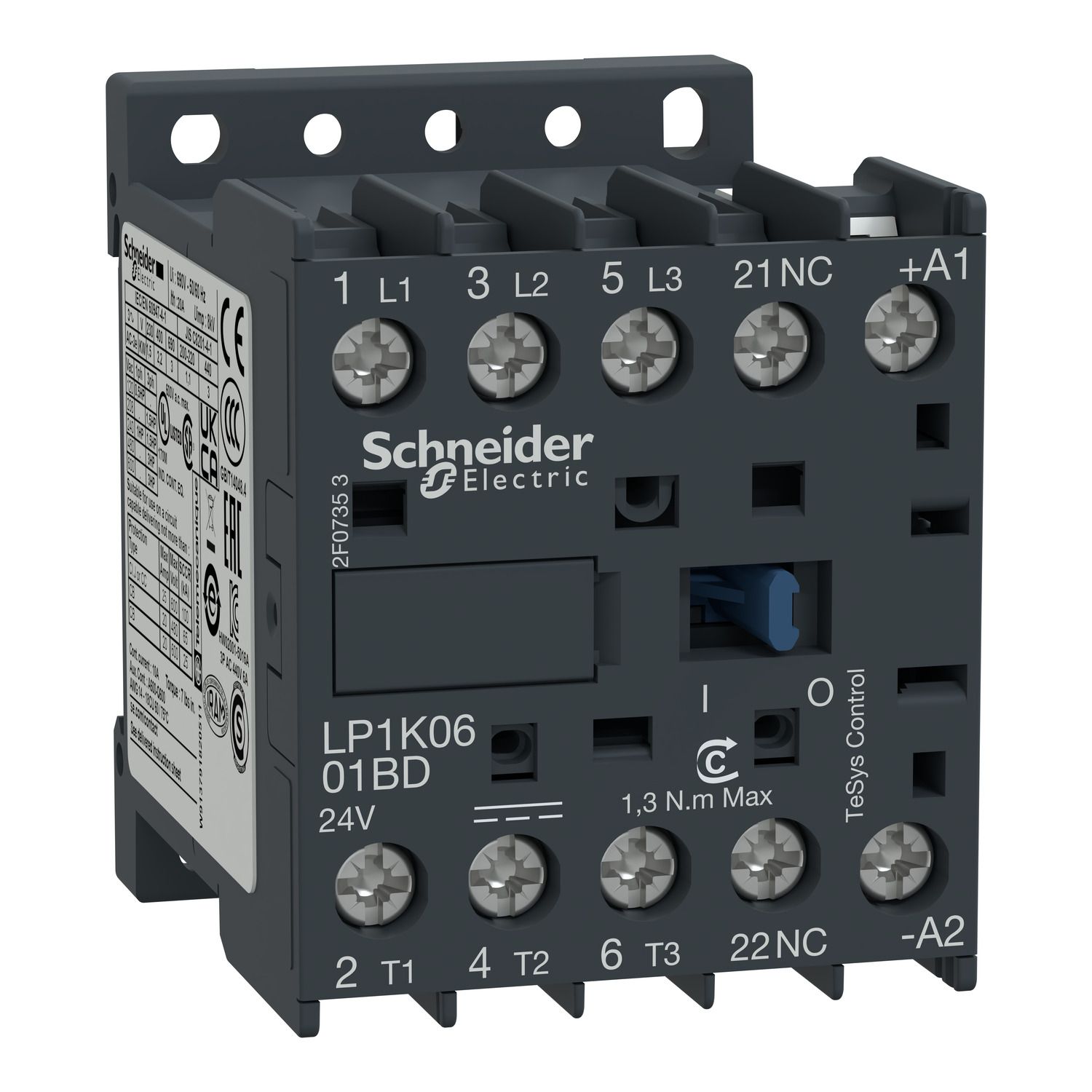 Picture of Contactor, TeSys K, 3P, AC-3/AC-3e, <=440V, 6A, aux. 1NC, 110V DC coil