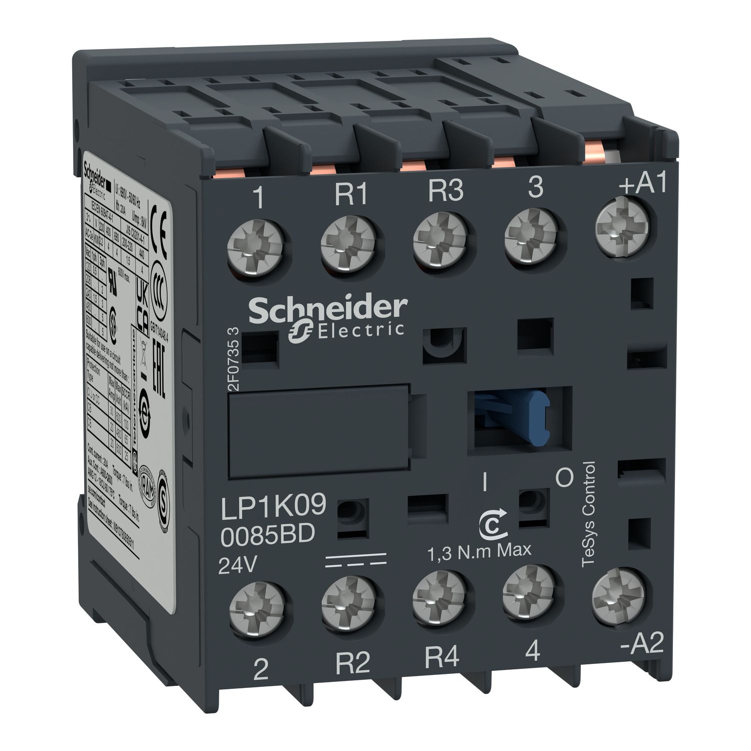 Picture of contactor, TeSys K, 4P(2NO+2NC),AC-1, 440V, 20A, 220V DC coil,solder pins