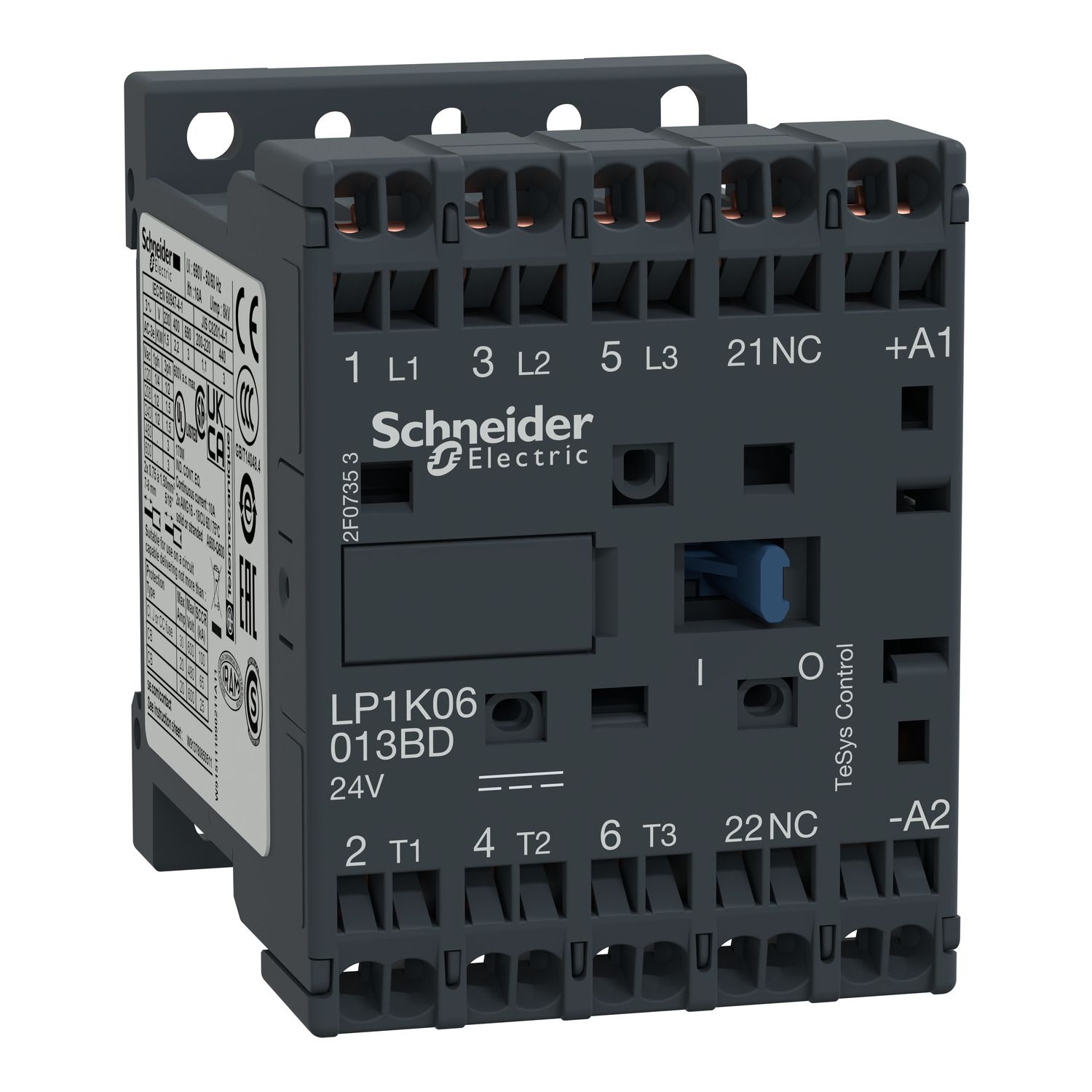 Picture of Contactor, TeSys K, 3P, AC-3/AC-3e, 440V, 9A, 1NC aux, 24V DC coil, spring terminals