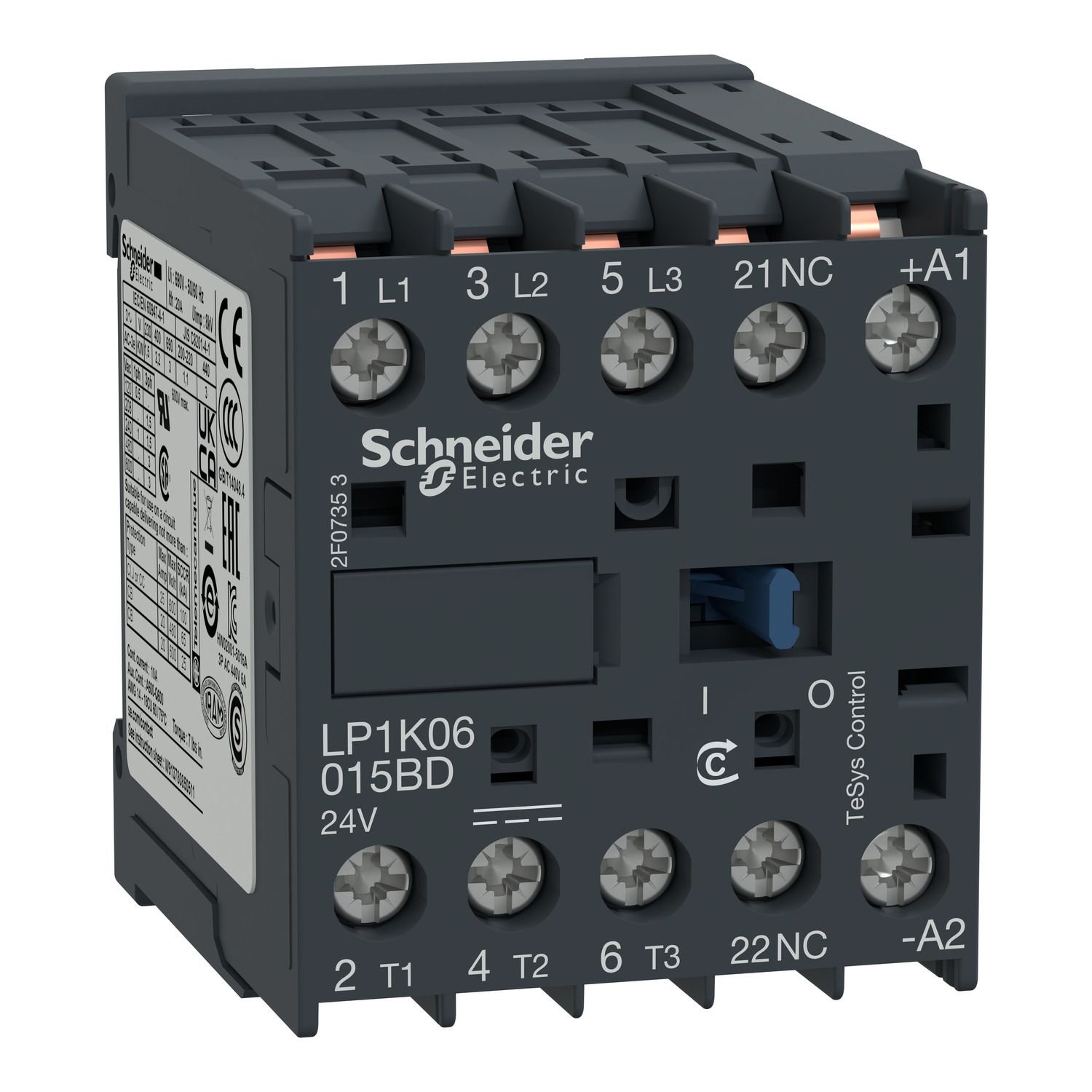 Picture of Contactor, TeSys K, 3P, AC-3/AC-3e, 440V, 9A, 1NC aux, 24V DC coil