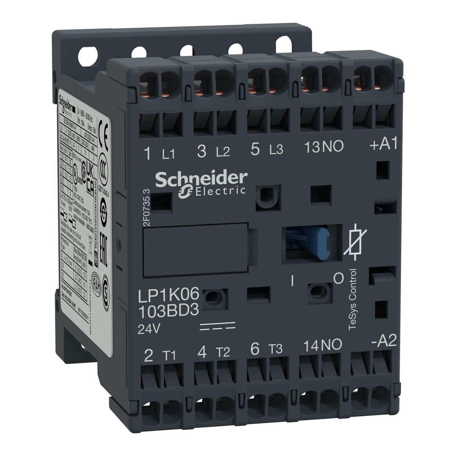 Picture of Contactor, TeSys K, 3P, AC-3/AC-3e, 440V, 9A, 1NO aux, 24V DC coil,with integral suppression device