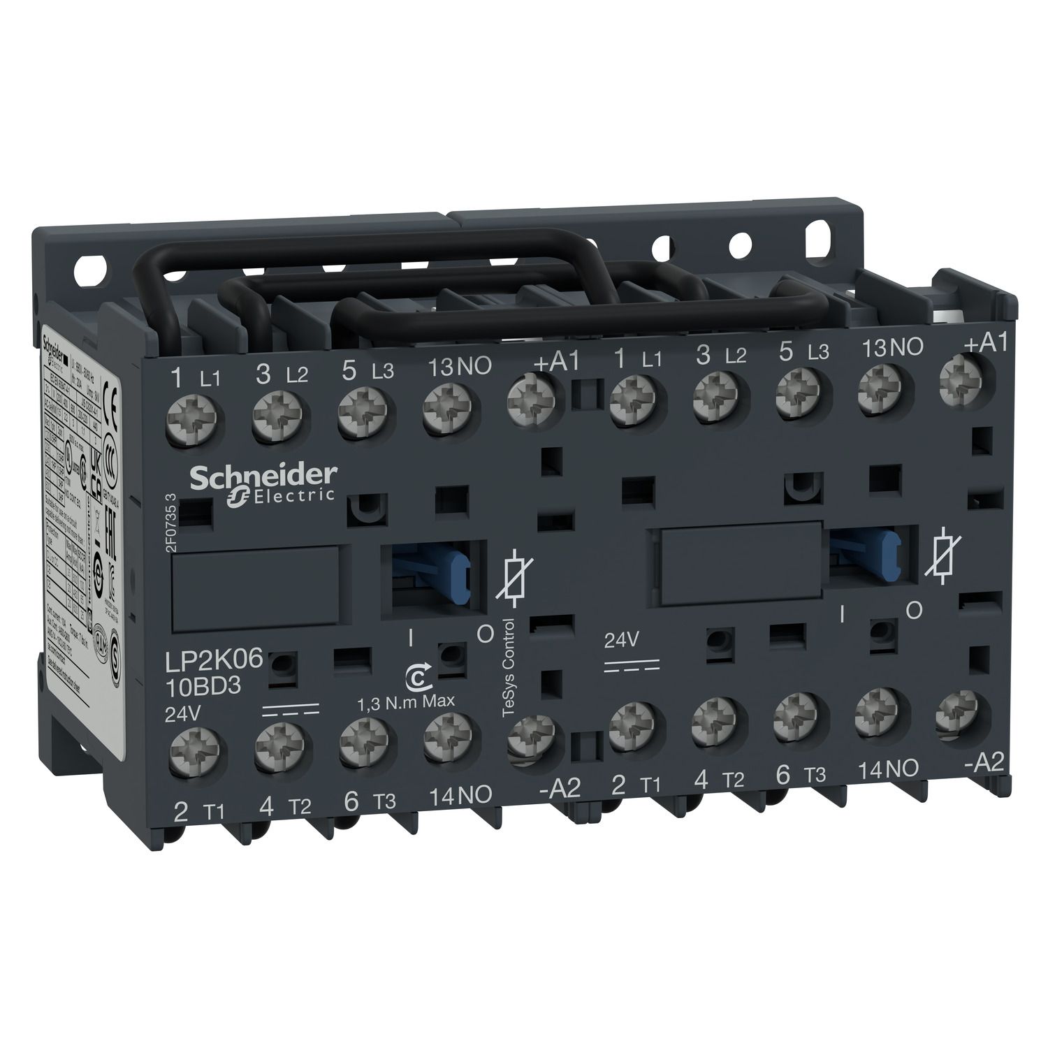 Picture of reversing Contactor, TeSys K, 3P, AC-3/AC-3e,440V 6A, 1NO, 24V DC coil,with integral suppression device