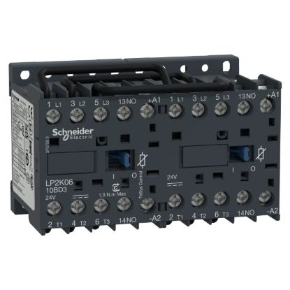 Picture of reversing Contactor, TeSys K, 3P, AC-3/AC-3e,440V 6A, 1NO, 24V DC coil,with integral suppression device