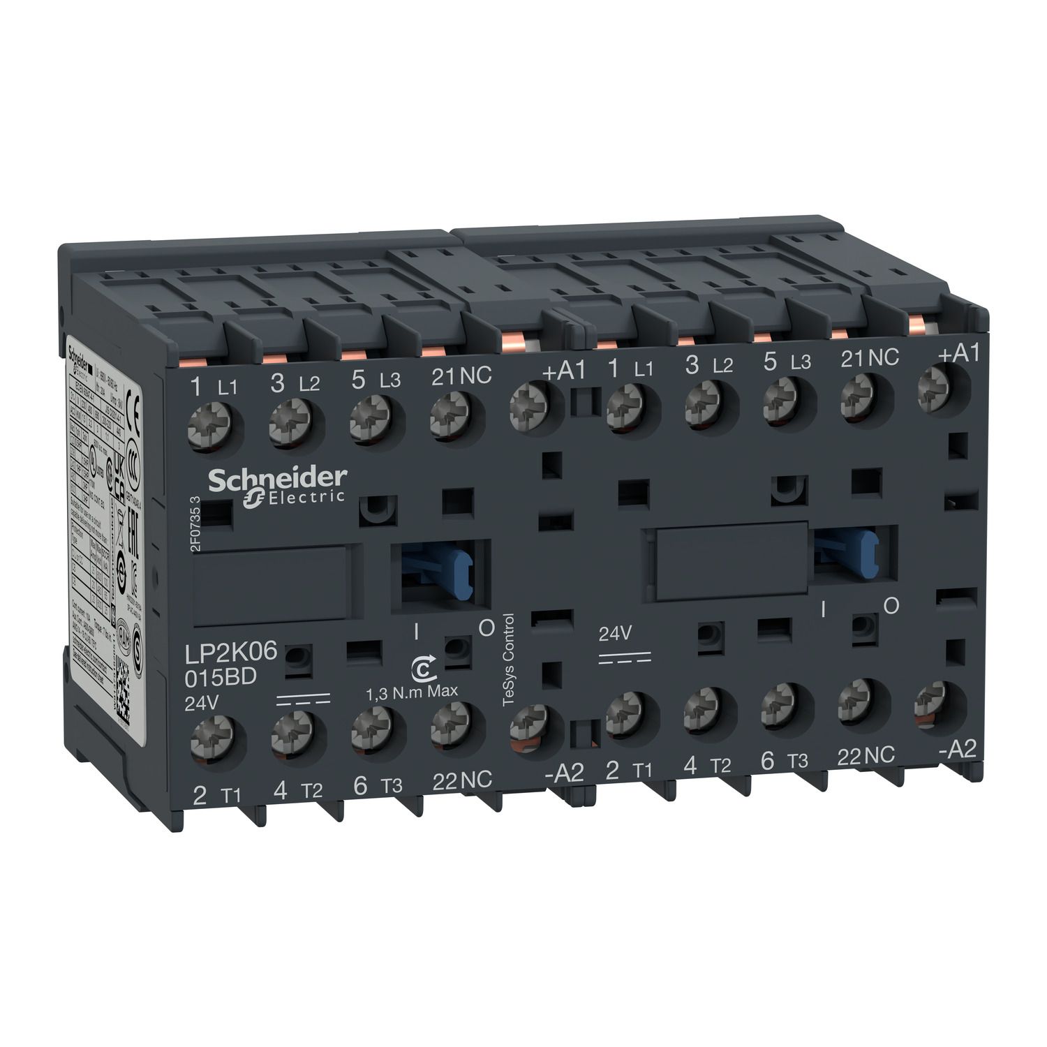 Picture of reversing Contactor, TeSys K, 3P, AC-3/AC-3e,440V 9A, 1NC, 24V DC coil, solder pins