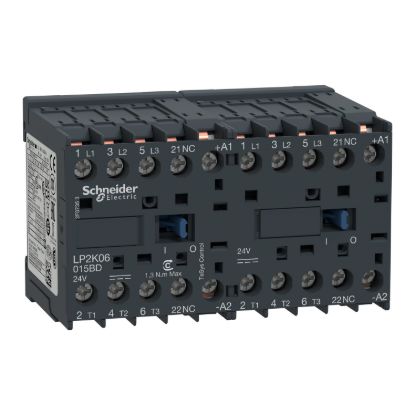 Picture of reversing Contactor, TeSys K, 3P, AC-3/AC-3e,440V 9A, 1NC, 24V DC coil, solder pins