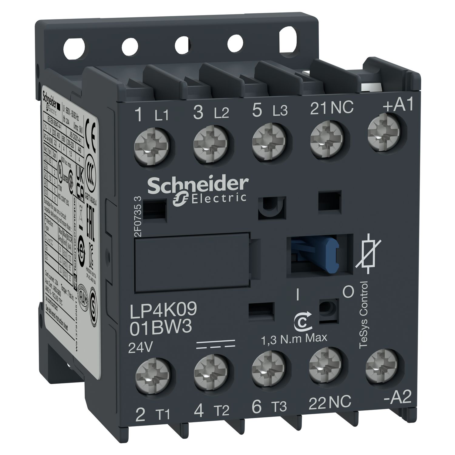 Picture of Contactor, TeSys K, 3P, AC-3/AC-3e, 440V, 9A, 1NC aux, 24V DC low consumption coil
