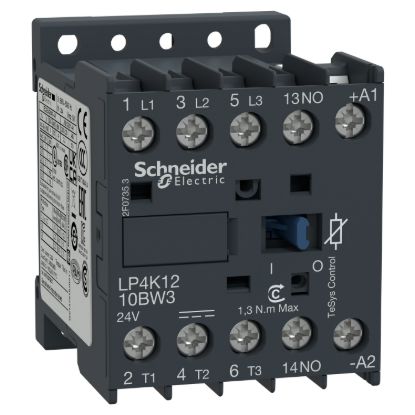Picture of Contactor, TeSys K, 3P, AC-3/AC-3e, 440V, 12A, 1NO aux, 24V DC low consumption coil,screw clamps terminals