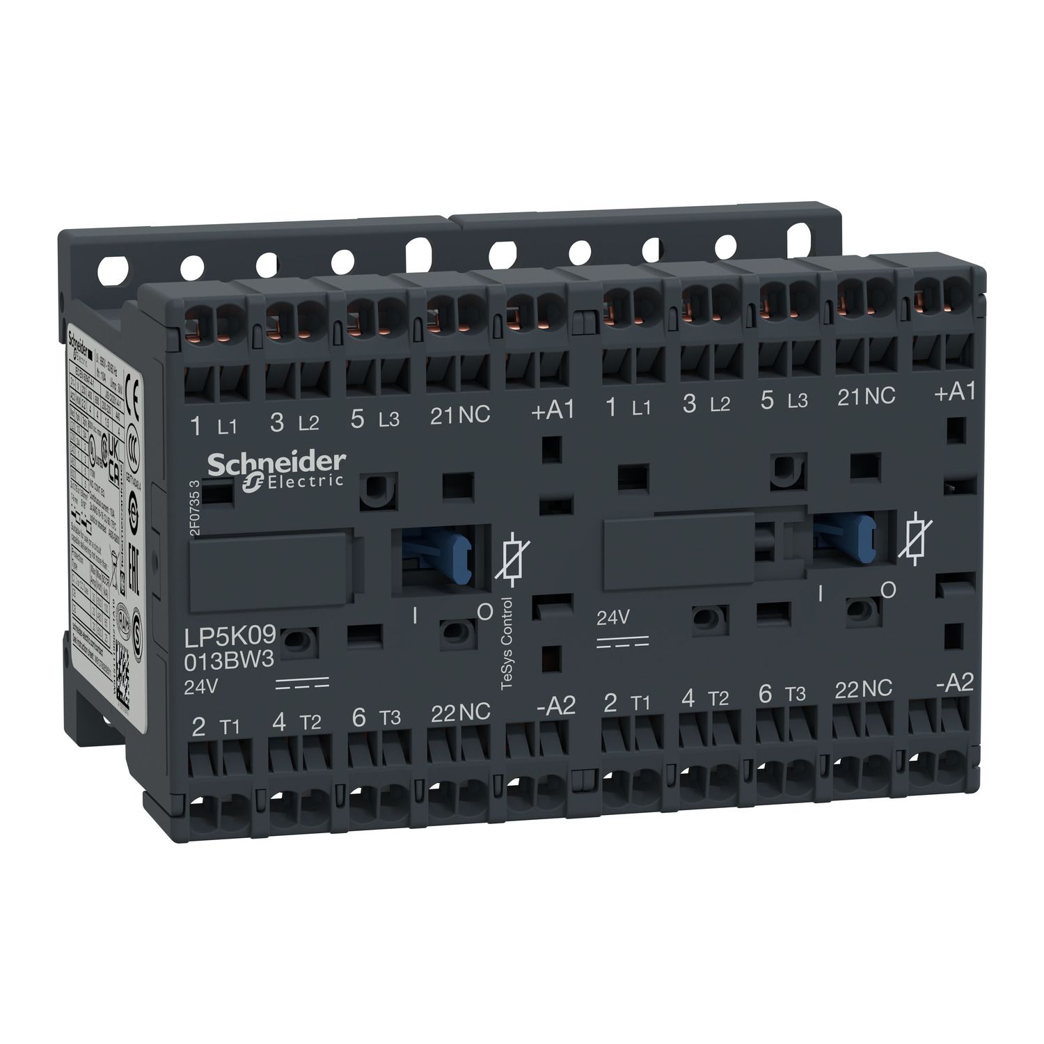 Picture of reversing Contactor, TeSys K, 3P, AC-3/AC-3e,440V 9A, 1NC, 24V DC low consumption coil,spring terminal