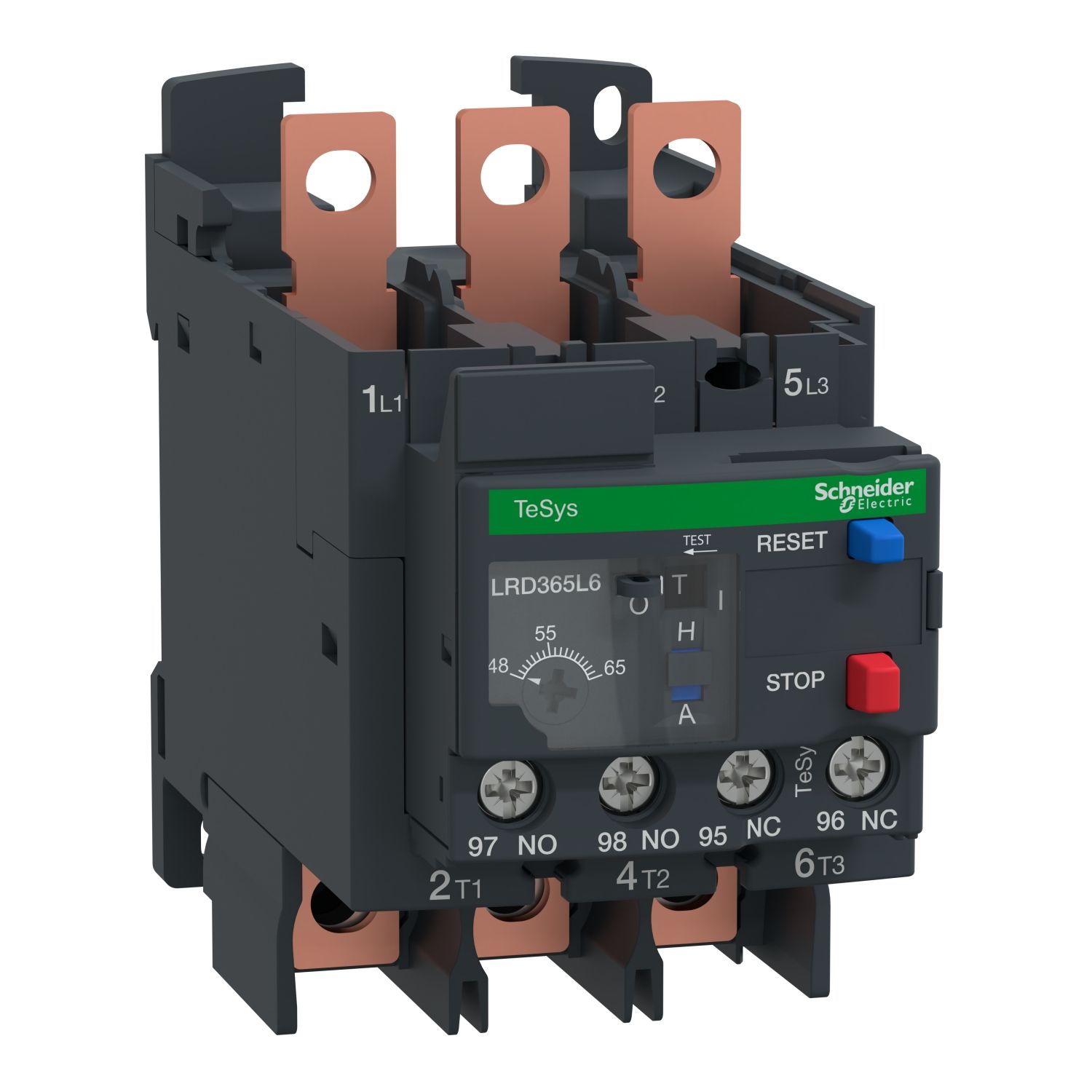 Picture of Thermal overload relay,TeSys Deca,48-65A,1NO+1NC,class 20,EverLink lugs ring