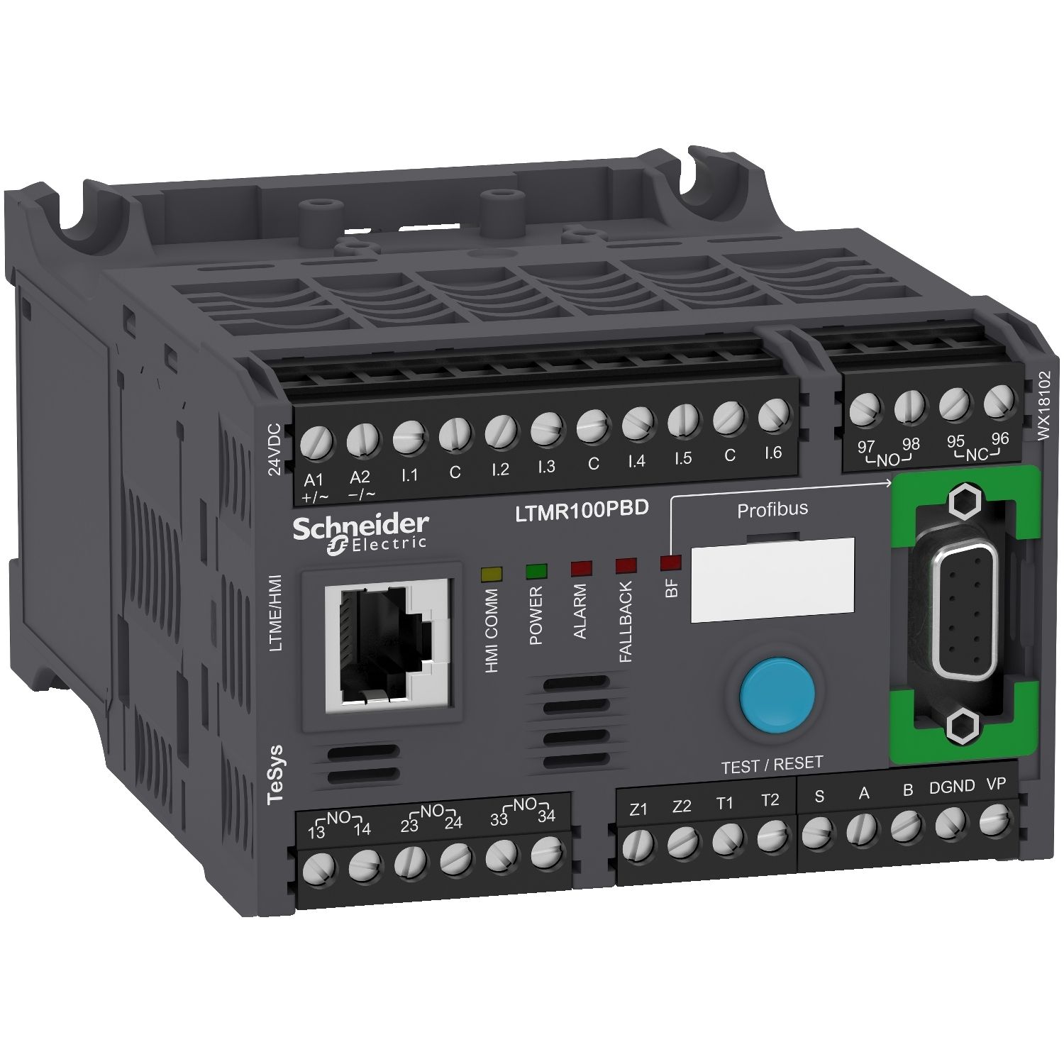 Picture of Motor controller, TeSys T, Motor Management, Profibus DP, 6 logic inputs, 3 relay logic outputs, 5 to 100A, 24VDC