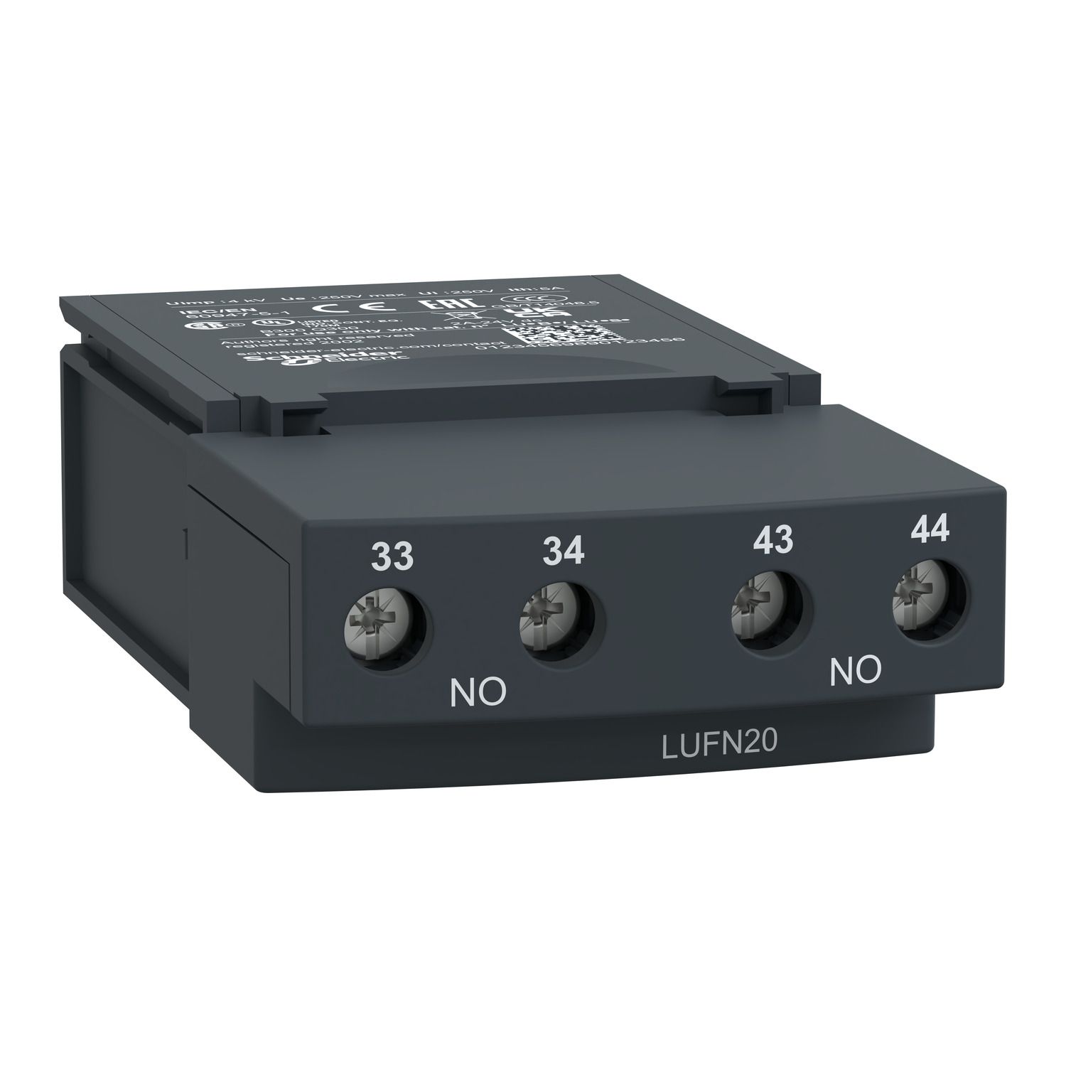 Picture of Auxiliary contacts, TeSys Ultra, 2NO, 250VAC/DC, Power pole status, screw terminal
