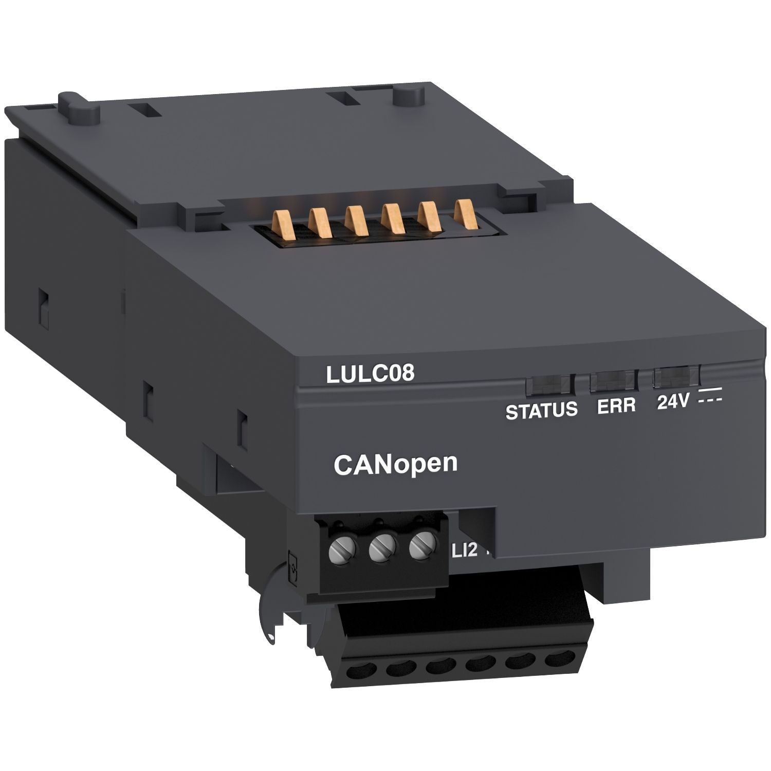 Picture of Communication module, TeSys Ultra, 24VDC, 0 to 500mA, CANopen, front side