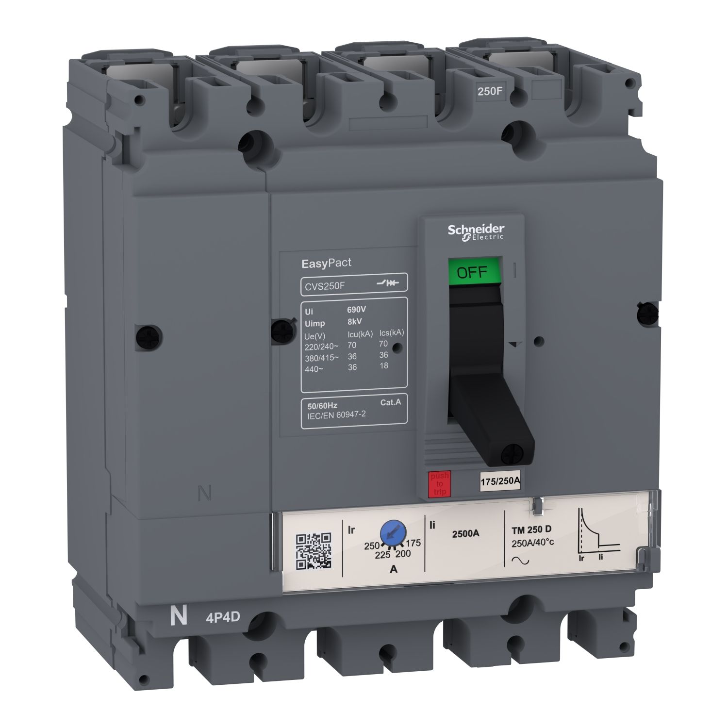 Picture of circuit breaker EasyPact CVS100F, 36kA at 415VAC, 32A TMD trip unit, 4P 3d