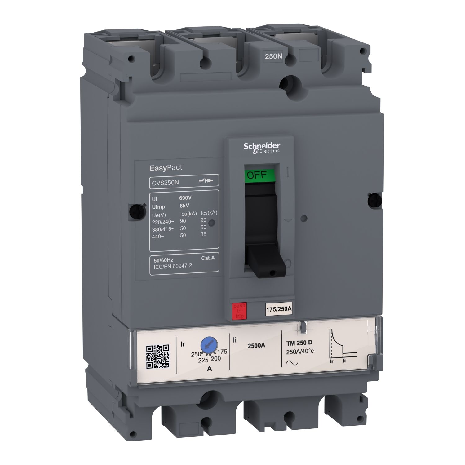 Picture of circuit breaker EasyPact CVS250N, 50kA at 415VAC, 200A rating thermal magnetic TM-D trip unit, 3P 3d