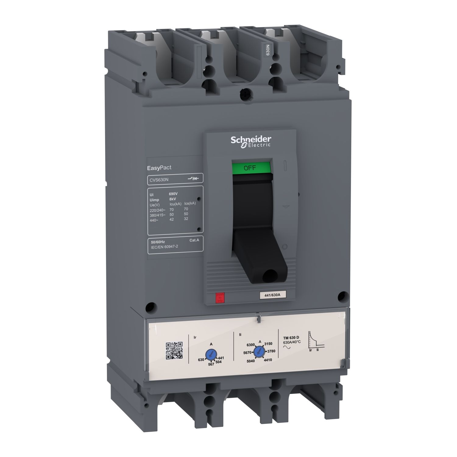Picture of circuit breaker, EasyPact CVS400N, 50kA at 415VAC, 400A, TM-D trip unit, 3P3d
