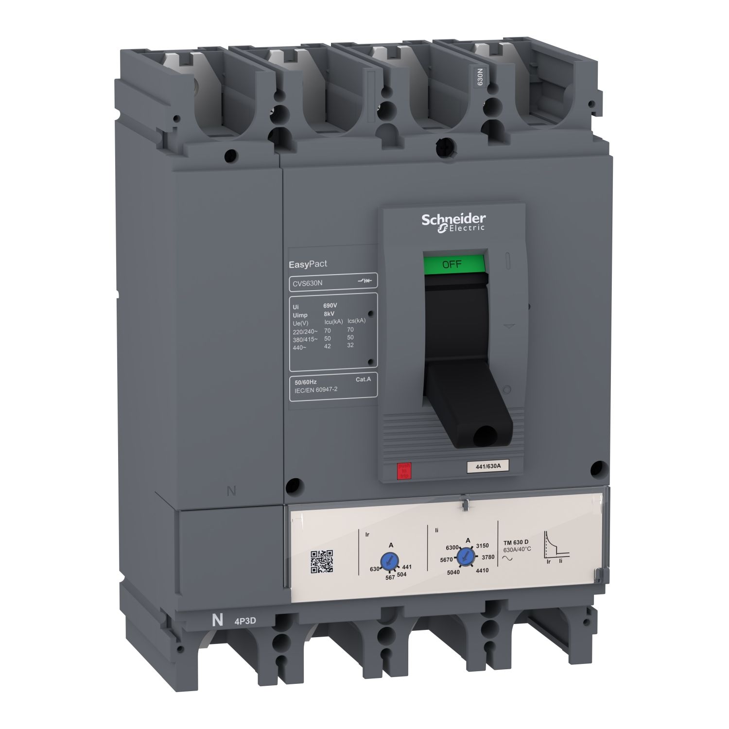Picture of circuit breaker, EasyPact CVS400N, 50kA at 415VAC, 400A, TM-D trip unit, 4P3d