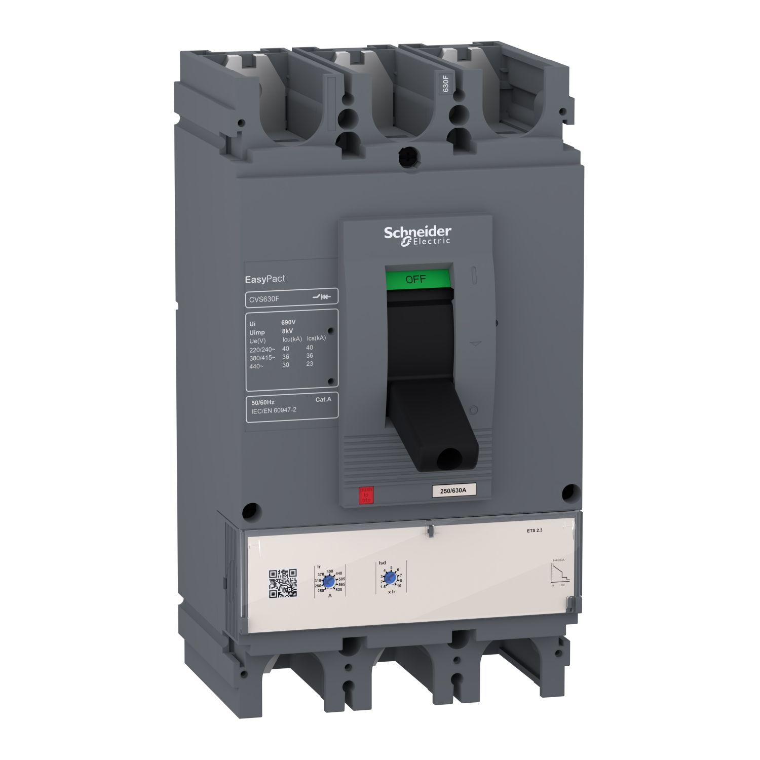 Picture of circuit breaker, EasyPact CVS400F, 36kA at 415VAC, 400A, ETS 2.3 electronic trip unit, 3P3d