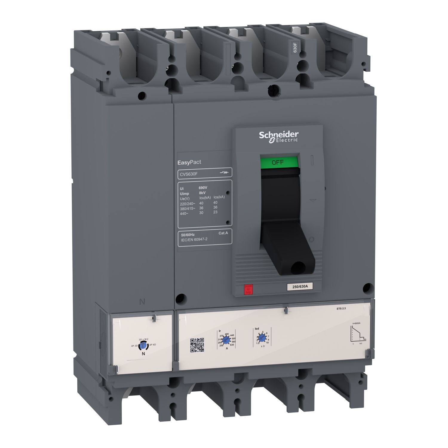 Picture of circuit breaker, EasyPact CVS630F, 36kA at 415VAC, 630A, ETS 2.3 electronic trip unit, 4P3d