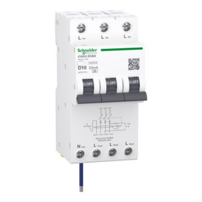 Picture of Residual current breaker with overcurrent protection (RCBO), Acti9 iC60H3, 3P+Ns, D Curve, 10A, 30mA, A type, 10000A