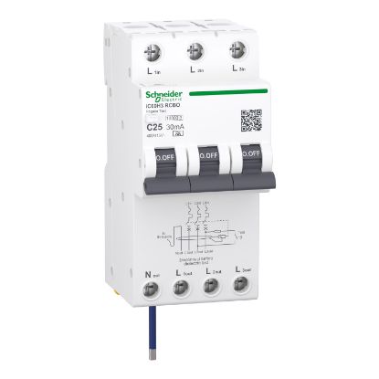 Picture of Residual current breaker with overcurrent protection (RCBO), Acti9 iC60H3, 3P+Ns, C Curve, 25A, 30mA, A type, 10000A