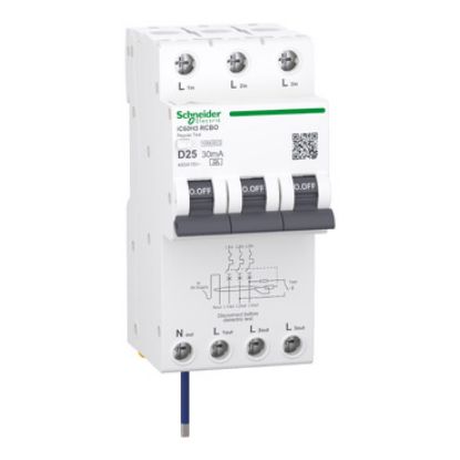 Picture of Residual current breaker with overcurrent protection (RCBO), Acti9 iC60H3, 3P+Ns, D Curve, 25A, 30mA, A type, 10000A
