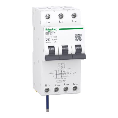 Picture of Residual current breaker with overcurrent protection (RCBO), Acti9 iC60H3, 3P+Ns, D Curve, 32A, 30mA, A type, 10000A