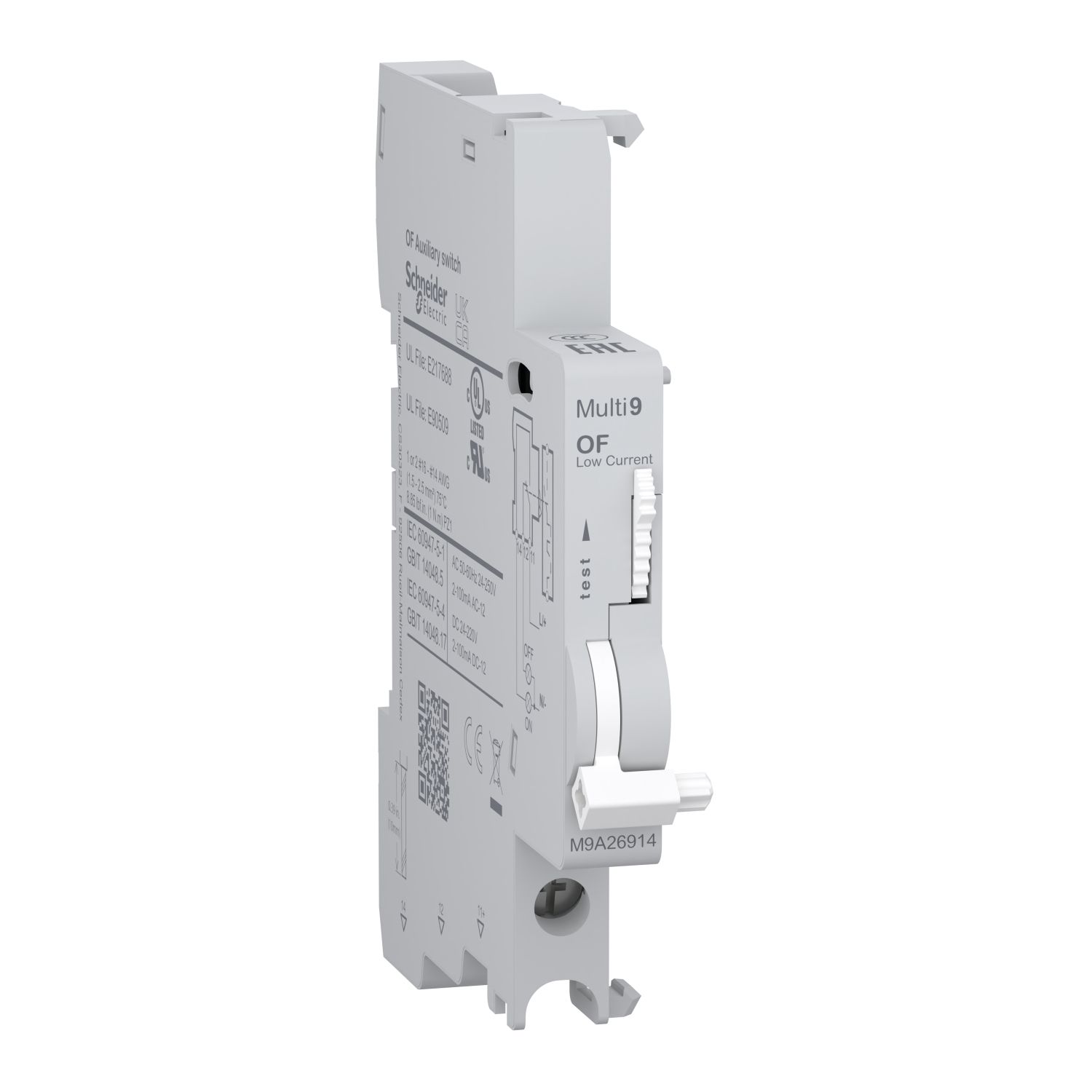 Picture of Auxiliary contact, Multi9, OF, 1 C/O, 2mA to 100mA, 24VAC to 250VAC, 24VDC to 220VDC, bottom connection