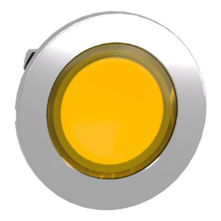 Picture of Head for illuminated push button, Harmony XB4, metal, yellow, universal LED, 30mm, left to center, for legend of insertion