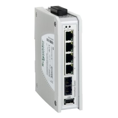Picture of switch, Modicon Networking, premium unmanaged switch, 4 ports for copper, 1 port for fiber optic multimode