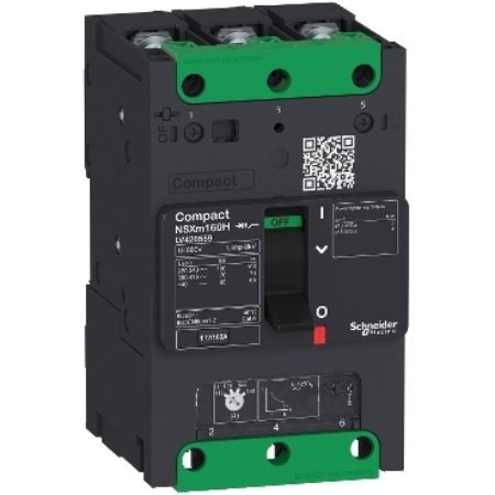Picture of circuit breaker ComPact NSXm F (36 kA at 415 VAC), 3P 3d, 63 A rating TMD trip unit, compression lugs and busbar connectors