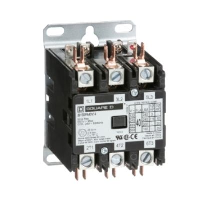 Picture of Contactor, Definite Purpose, 40A, 3 pole, 25HP at 575VAC, 3 phase, 24/24VAC 50/60Hz coil, open