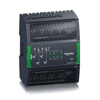 Picture of Central I/O module, SpaceLogic, 8 universal inputs, 4 analog voltage outputs, hand control/override switches