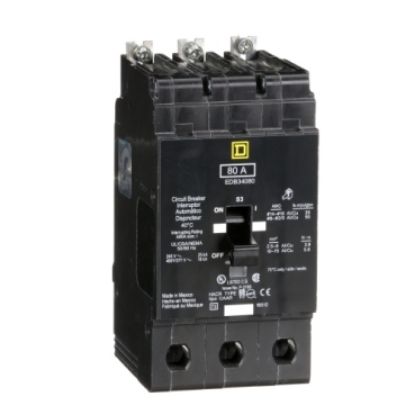 Picture of Mini circuit breaker, E-Frame, 80A, 3 pole, 480Y/277 VAC, 25 kA max, bolt on