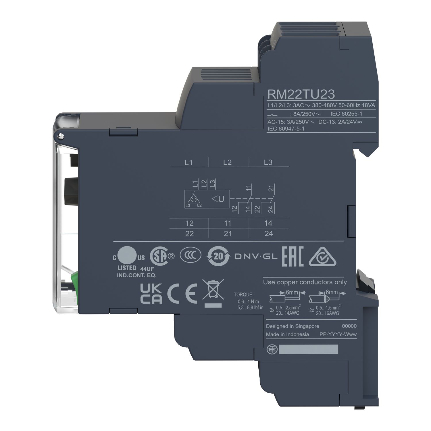 Picture of 3-phase control relay, Harmony Control Relays, 8A, 2CO, undervoltage detection, 380â€¦480V AC