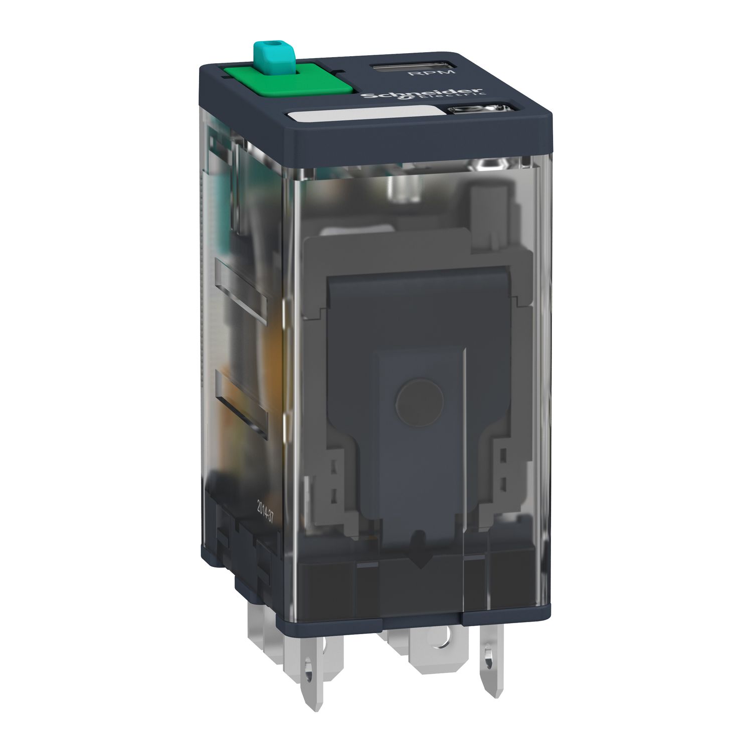 Picture of plug-in relay, Harmony electromechanical relays, 15A, 2CO, with LED, lockable test button, 48V DC