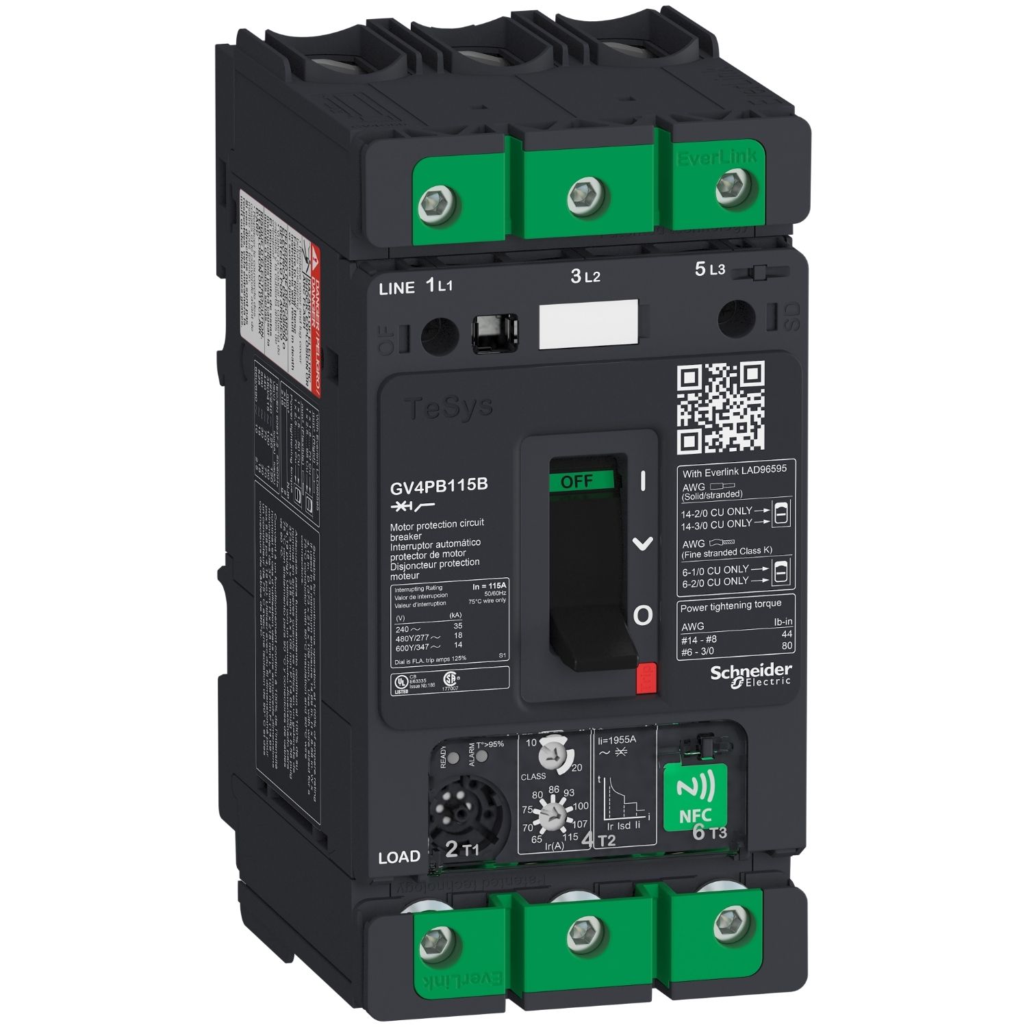 Picture of Motor circuit breaker, TeSys GV4, 3P, 115A, Icu 25kA, thermal magnetic multifunction, UL489