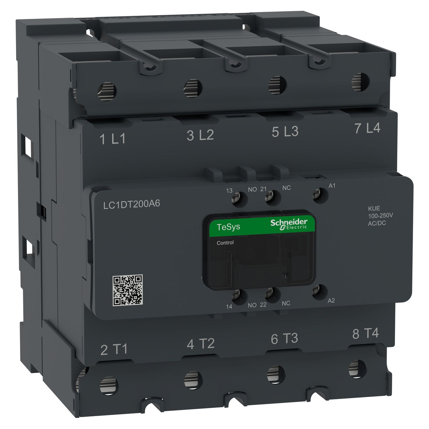 Picture of Contactor, Tesys Deca Advanced, 4P(4NO), AC-1, <=440V, 200A, 100-250V AC/DC coil,lugs-ring or bars