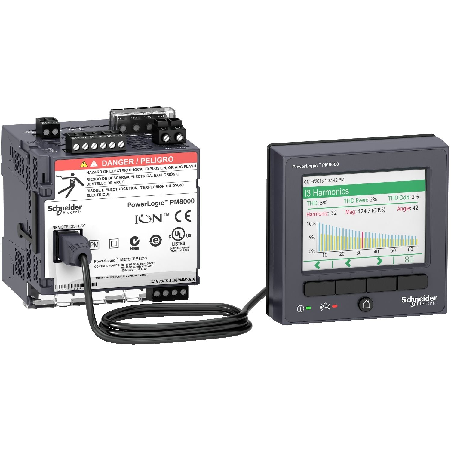 Picture of Power quality meter, PowerLogic PM8000, Advanced, transducer and remote display, 512 MB, 512 s/c