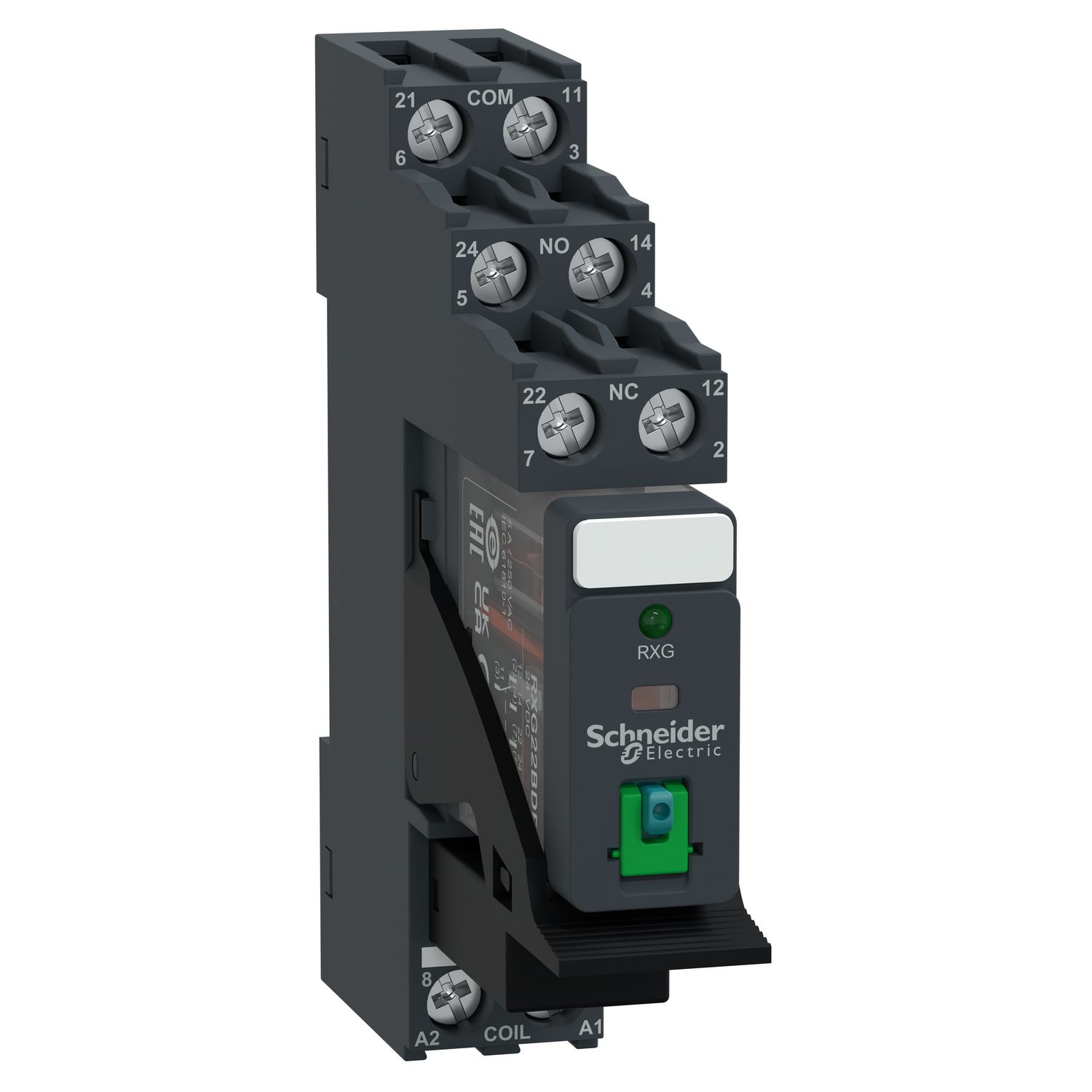 Picture of interface plug in relay, Harmony Electromechanical Relays, pre assembled, 5A, 2CO, with LED, lockable test but to n, 24V DC