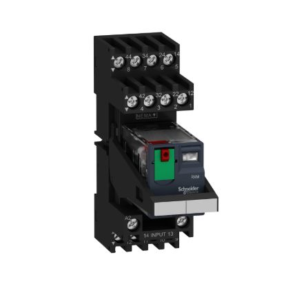 Picture of miniature plug in relay pre assembled, Harmony Electromechanical Relays, 10A, 2CO, with LED, lockable test but to n, mixed terminals socket, 24V AC
