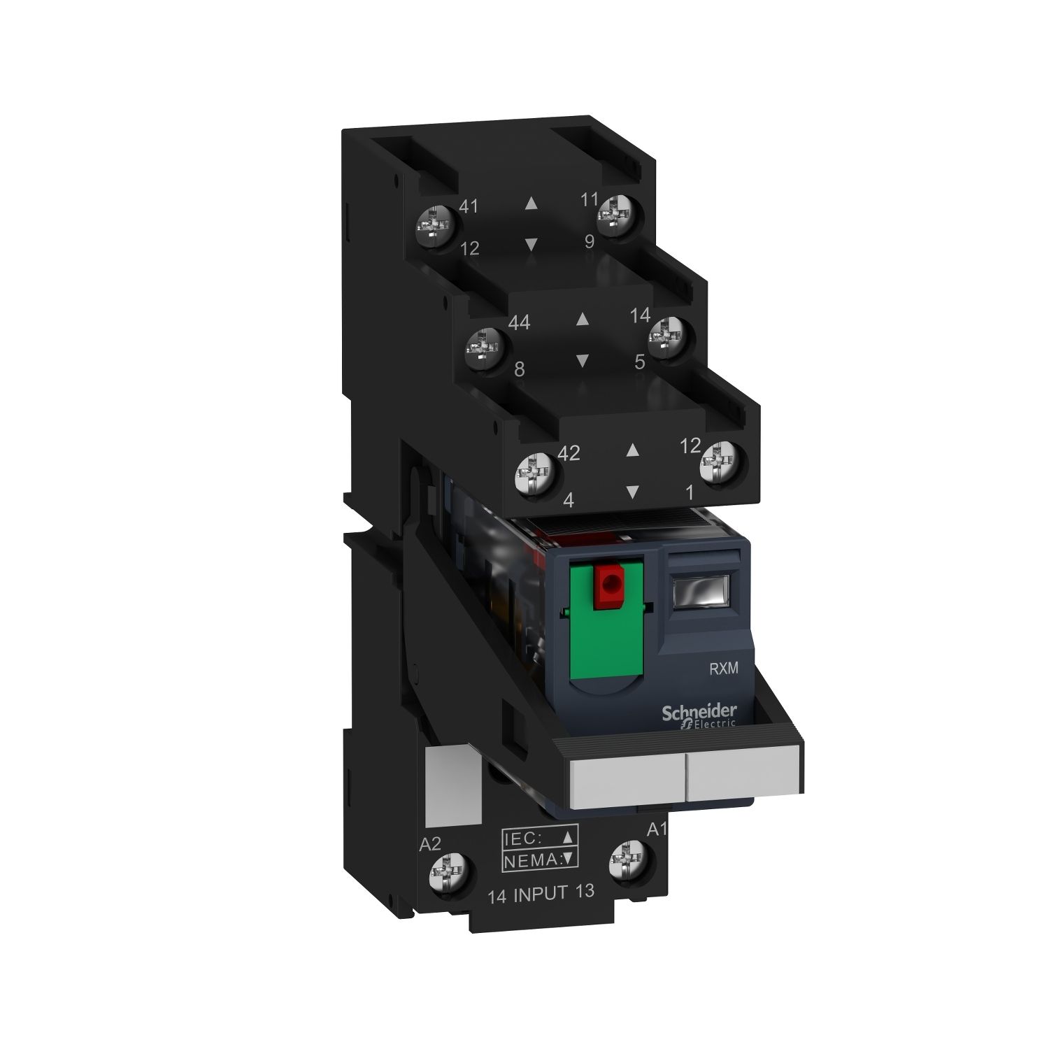 Picture of miniature, Harmony Electromechanical Relays, 12A, 2CO, with LED, with lockable test button, separate terminals socket, 230V AC