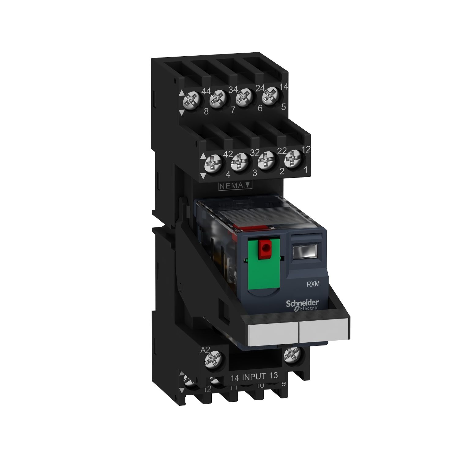 Picture of miniature plug in relay pre assembled, Harmony Electromechanical Relays, 6A, 4CO, with LED, lockable test but to n, mixed terminals socket, 24V AC