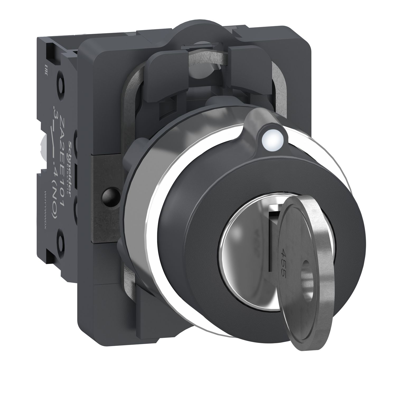 Picture of Complete key switch, Easy Harmony XA2, plastic head, 22mm, 3 positions, middle pull-out, 2NO, stay put